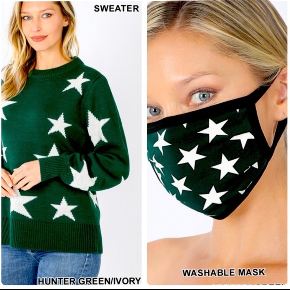 ~HP~ Boutique Hunter Green Star Covered Sweater + Bonus Matching Mask - Picture 5 of 15